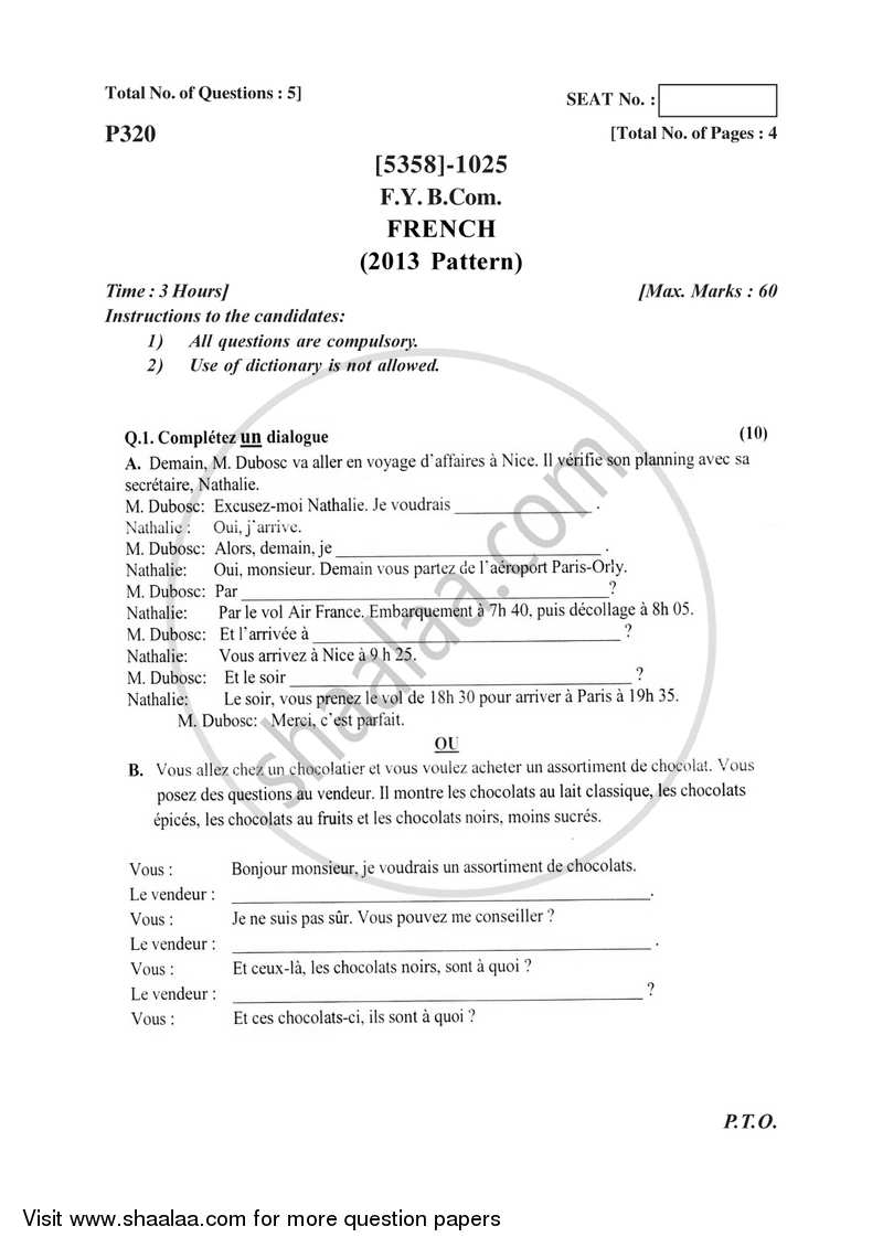 French 2017-2018 - B.Com. - 1st Year (FYBcom) - University of Pune question paper with PDF download