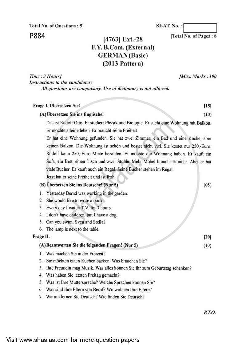 German 2014-2015 - B.Com. - 1st Year (FYBcom) - University of Pune question paper with PDF download