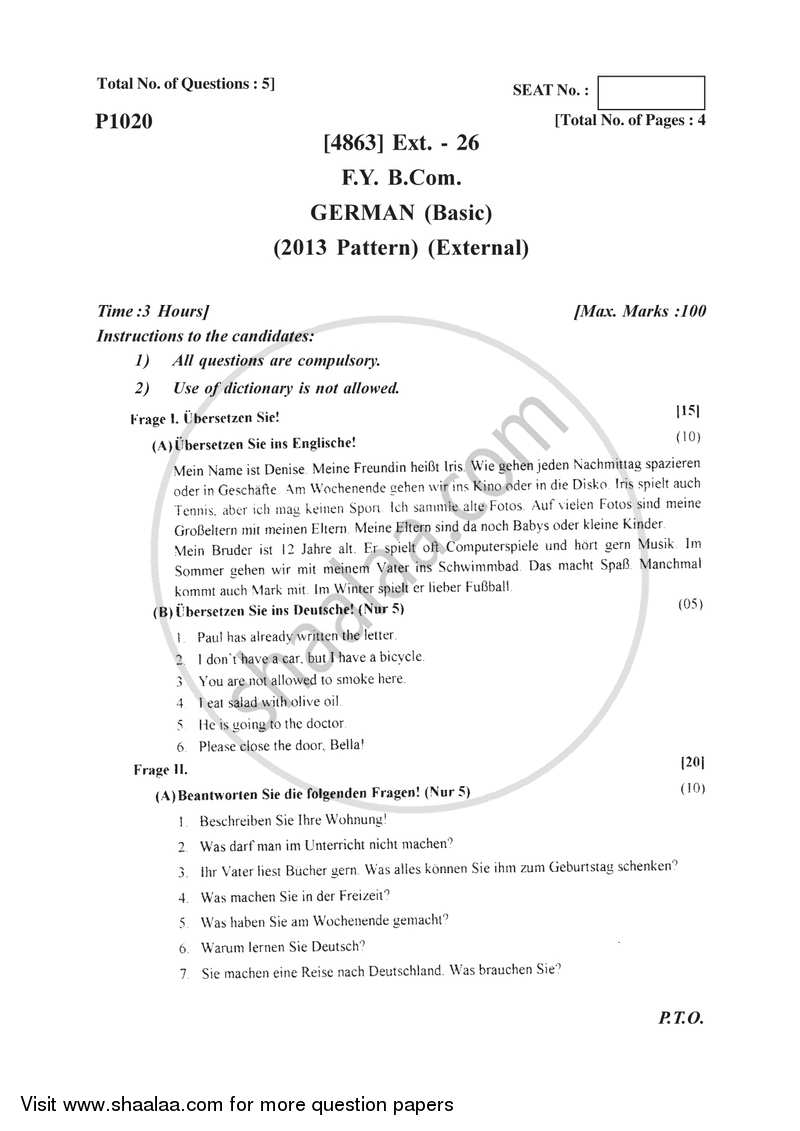 German 2015-2016 - B.Com. - 1st Year (FYBcom) - University of Pune question paper with PDF download