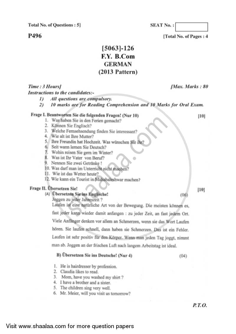 German 2016-2017 - B.Com. - 1st Year (FYBcom) - University of Pune question paper with PDF download