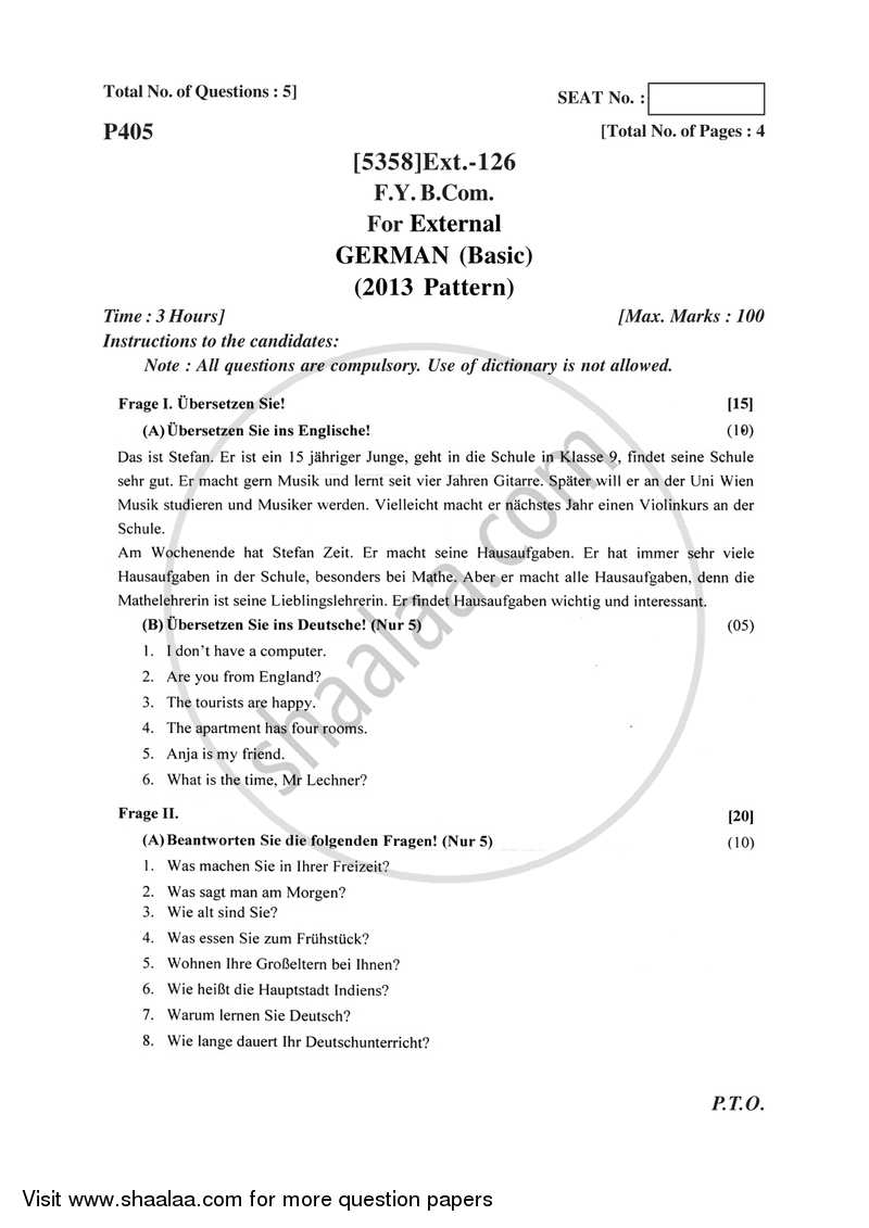 German 2017-2018 - B.Com. - 1st Year (FYBcom) - University of Pune question paper with PDF download