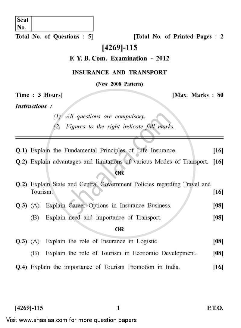 Insurance and Transport 2012-2013 - B.Com. - 1st Year (FYBcom) - University of Pune question paper with PDF download