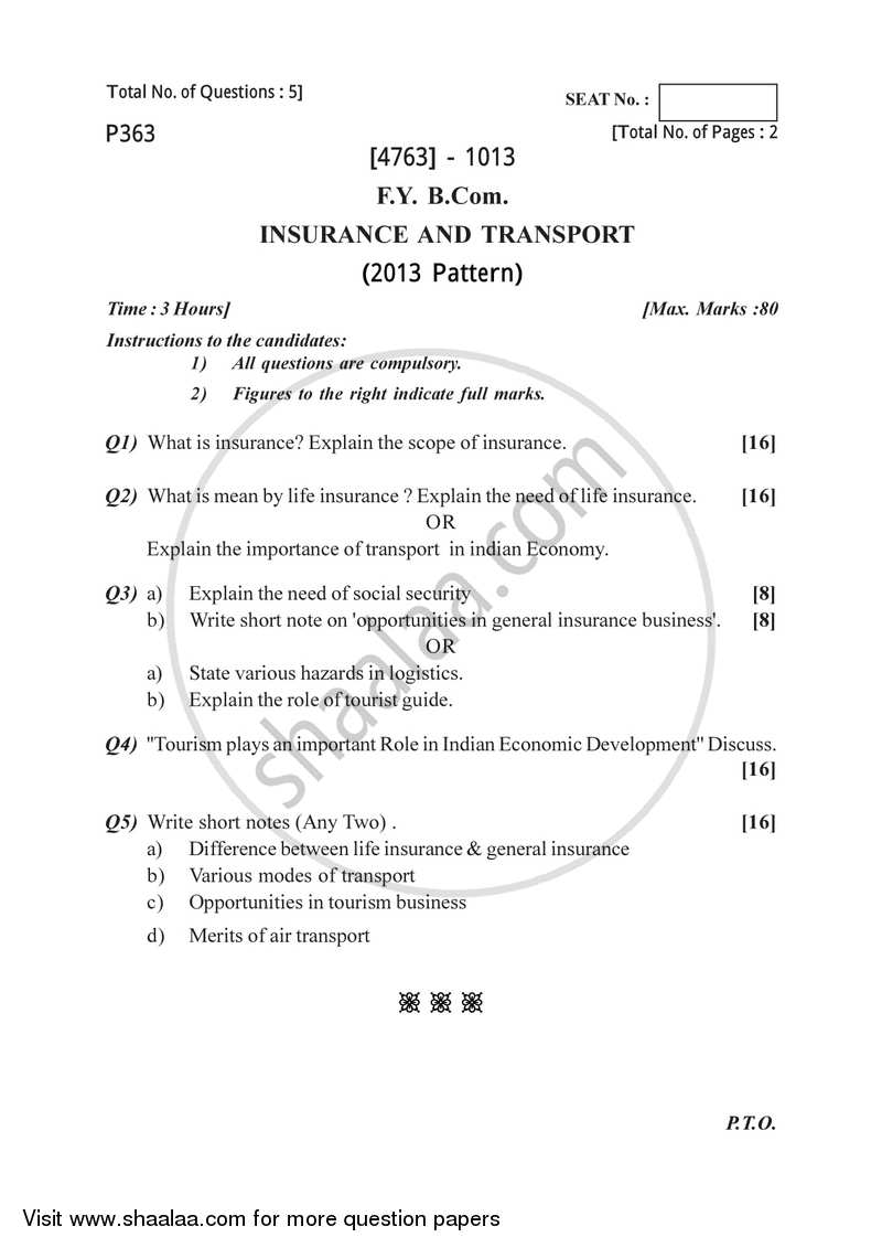 Insurance and Transport 2014-2015 - B.Com. - 1st Year (FYBcom) - University of Pune question paper with PDF download
