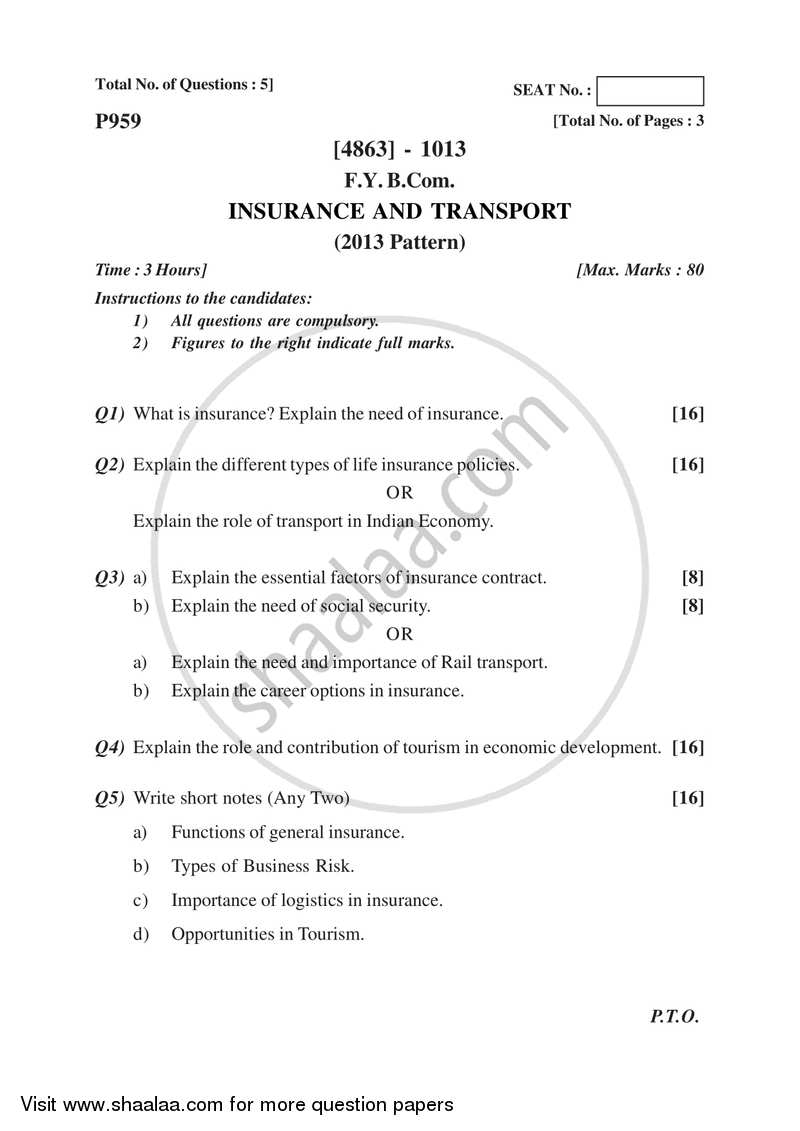 Insurance and Transport 2015-2016 - B.Com. - 1st Year (FYBcom) - University of Pune question paper with PDF download