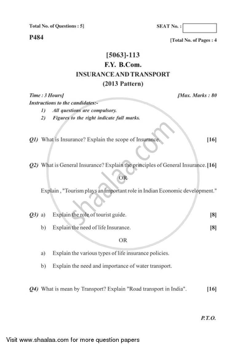 Insurance and Transport 2016-2017 - B.Com. - 1st Year (FYBcom) - University of Pune question paper with PDF download