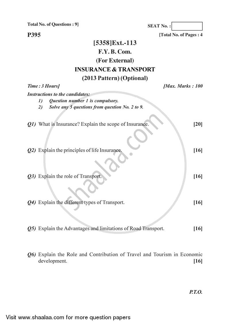 Insurance and Transport 2017-2018 - B.Com. - 1st Year (FYBcom) - University of Pune question paper with PDF download