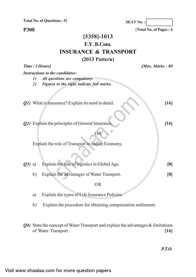 Insurance and Transport 2017-2018 - B.Com. - 1st Year (FYBcom) - University of Pune question paper with PDF download
