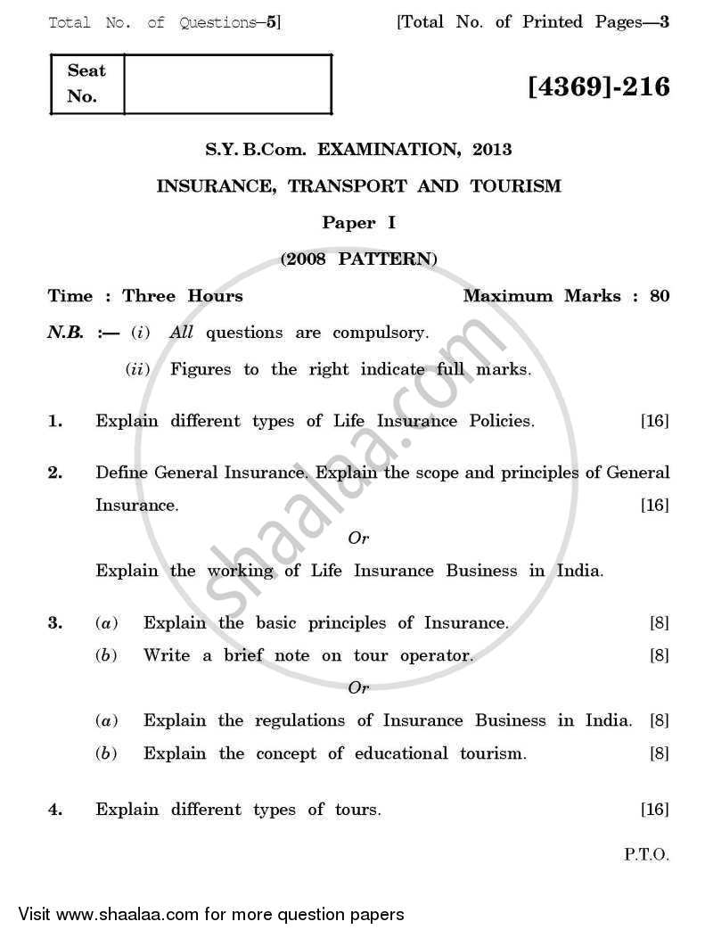Insurance, Transport and Tourism 1 2012-2013 - B.Com. - 2nd Year (SYBcom) - University of Pune question paper with PDF download