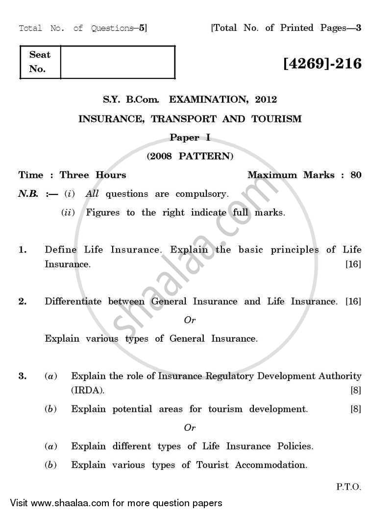 Insurance, Transport and Tourism 1 2012-2013 - B.Com. - 2nd Year (SYBcom) - University of Pune question paper with PDF download
