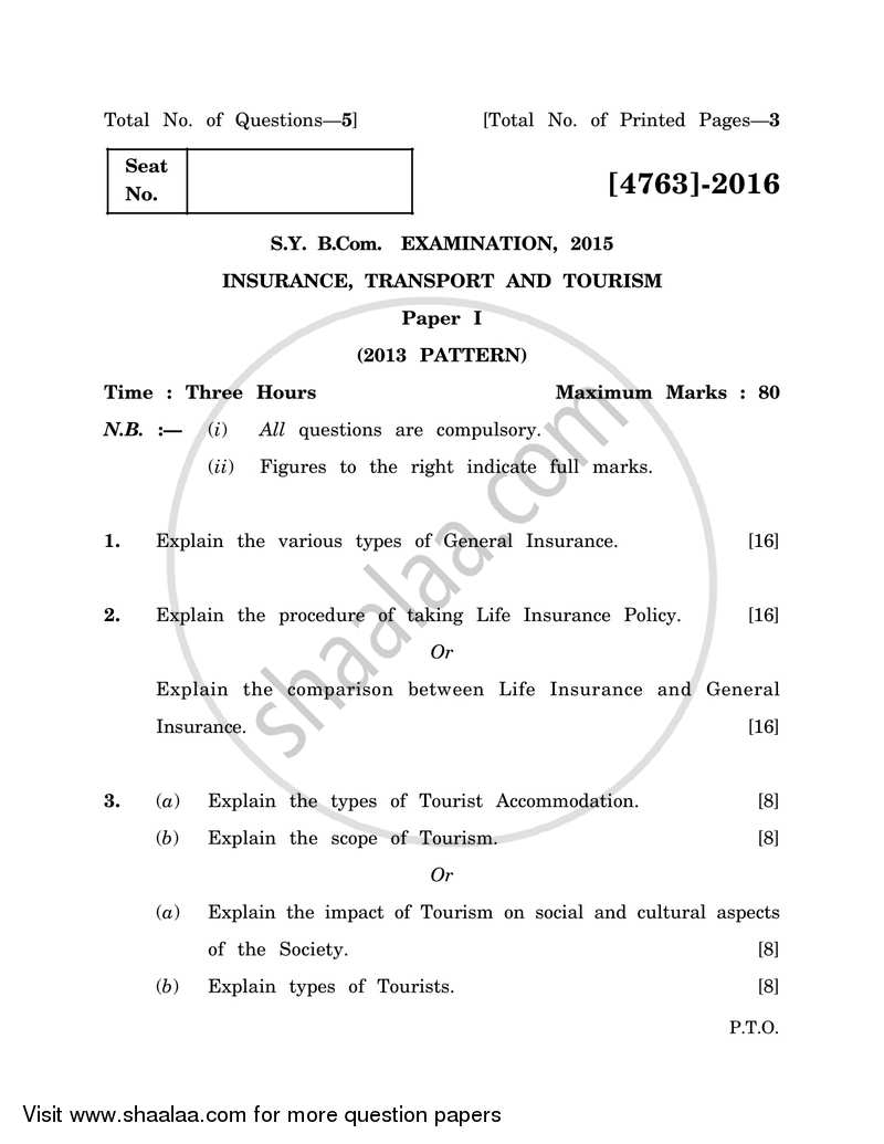 Insurance, Transport and Tourism 1 2014-2015 - B.Com. - 2nd Year (SYBcom) - University of Pune question paper with PDF download