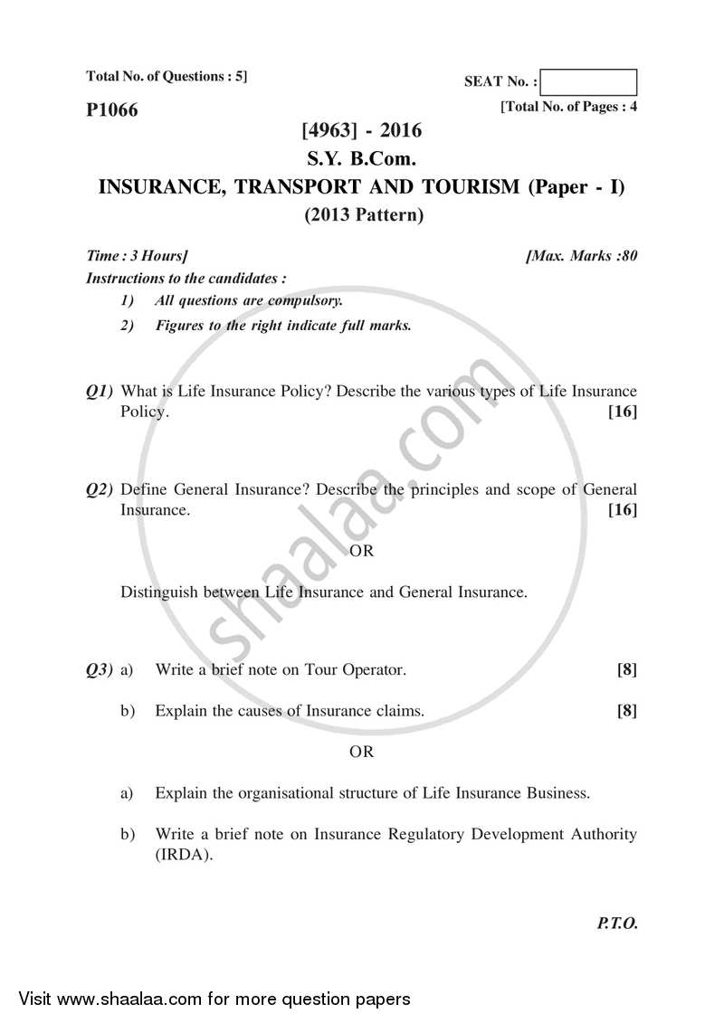 Insurance, Transport and Tourism 1 2015-2016 - B.Com. - 2nd Year (SYBcom) - University of Pune question paper with PDF download