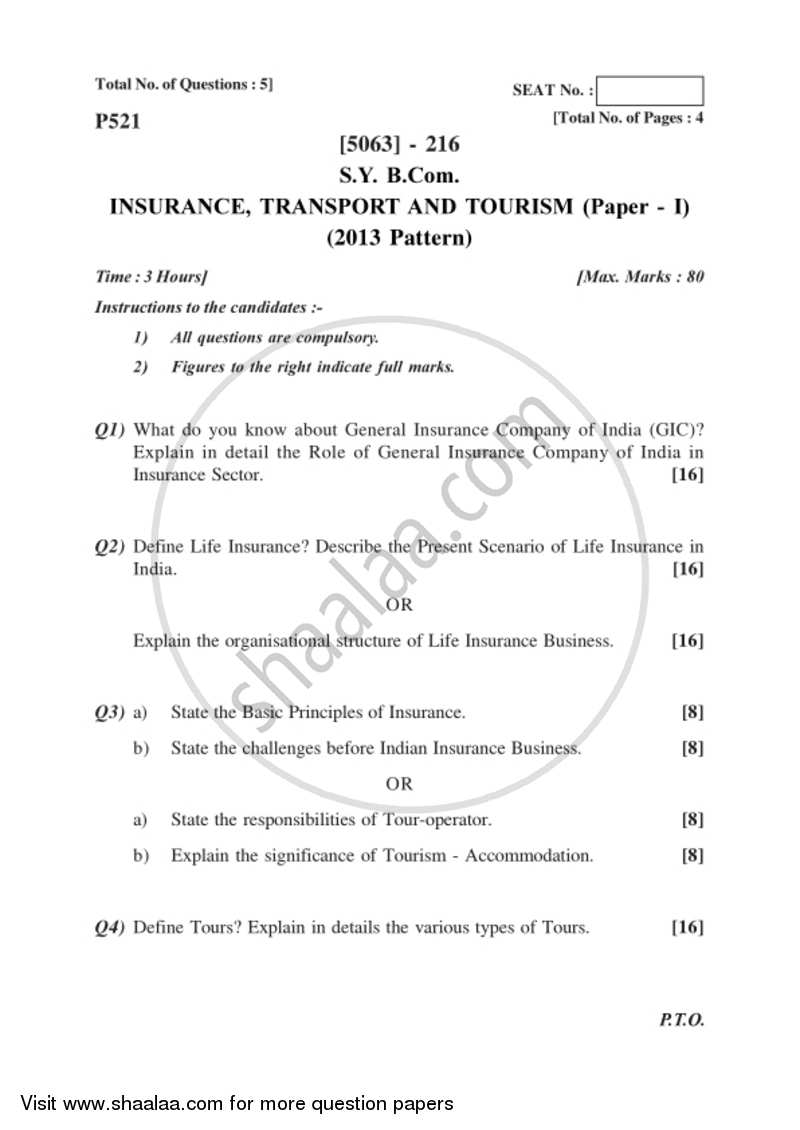Insurance, Transport and Tourism 1 2016-2017 - B.Com. - 2nd Year (SYBcom) - University of Pune question paper with PDF download