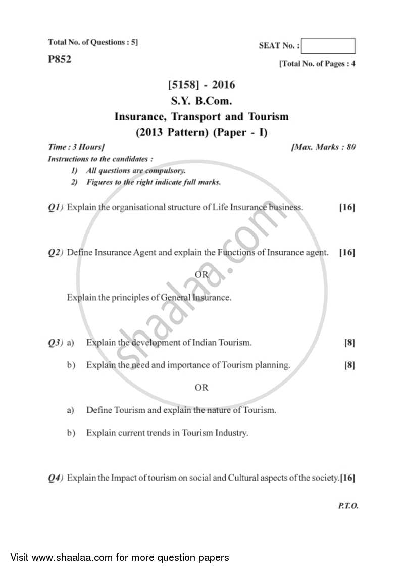 Insurance, Transport and Tourism 1 2016-2017 - B.Com. - 2nd Year (SYBcom) - University of Pune question paper with PDF download