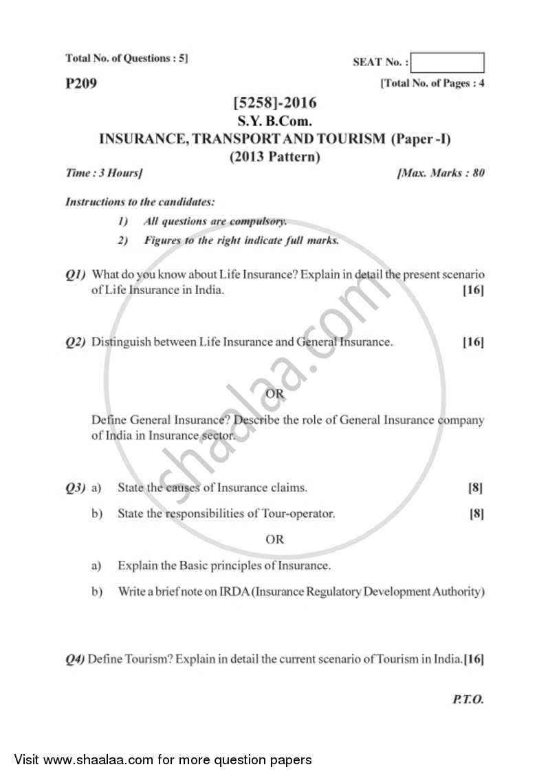 Insurance, Transport and Tourism 1 2017-2018 - B.Com. - 2nd Year (SYBcom) - University of Pune question paper with PDF download