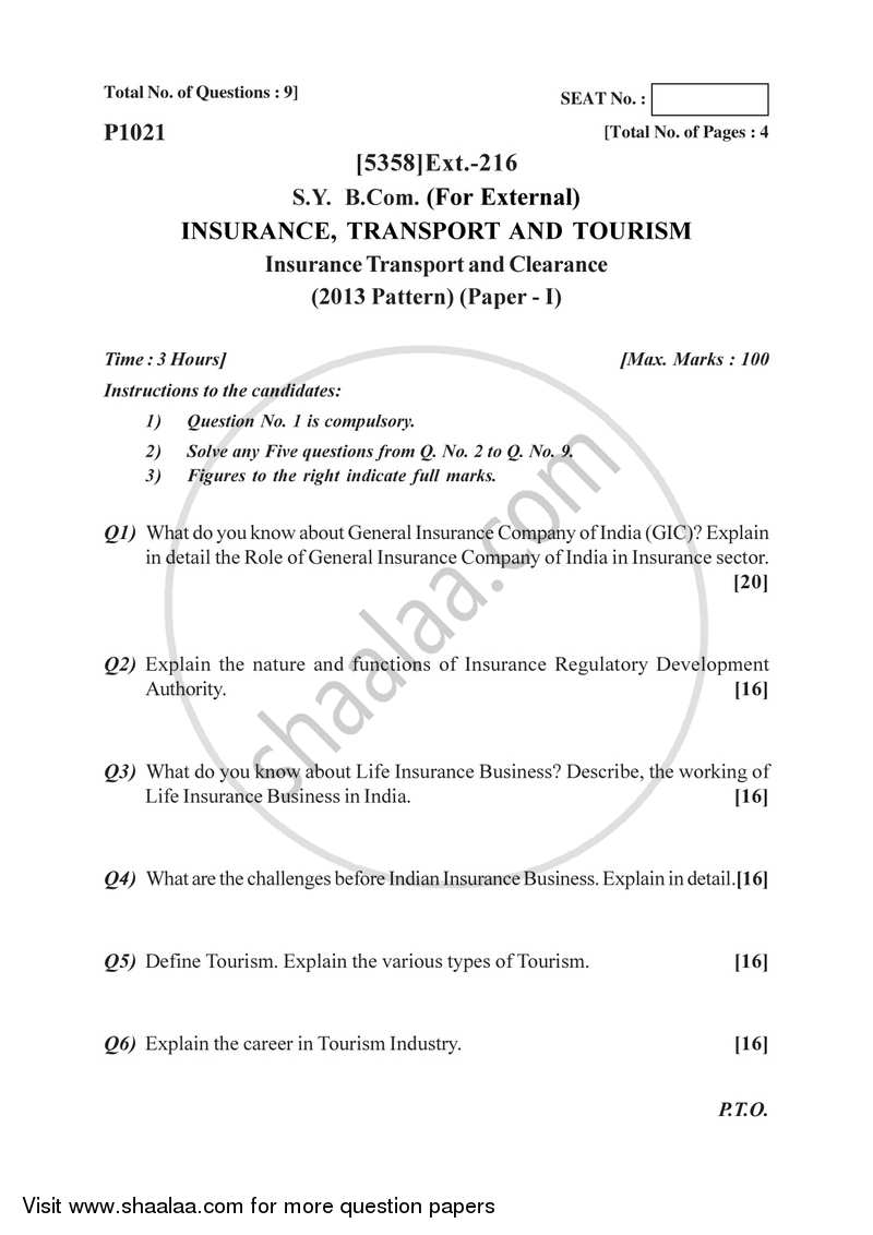 Insurance, Transport and Tourism 1 2017-2018 - B.Com. - 2nd Year (SYBcom) - University of Pune question paper with PDF download