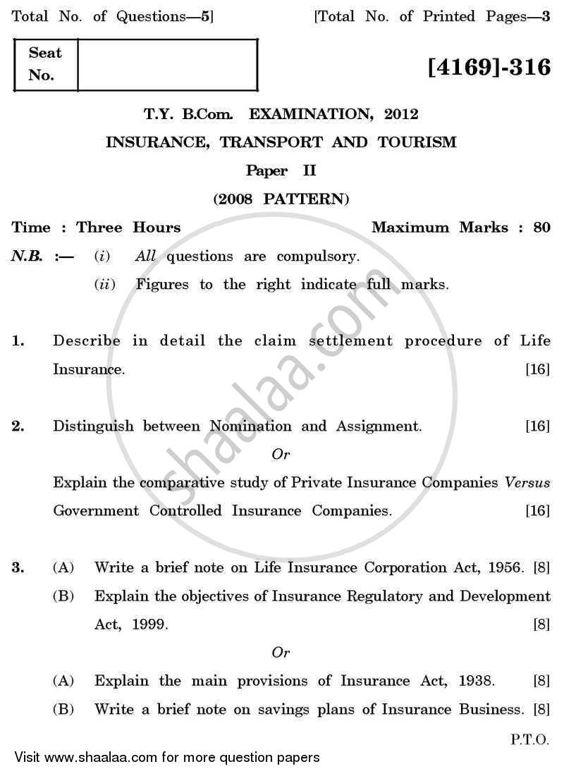 Insurance, Transport and Tourism 2 2011-2012 - B.Com. - 3rd Year (TYBcom) - University of Pune question paper with PDF download