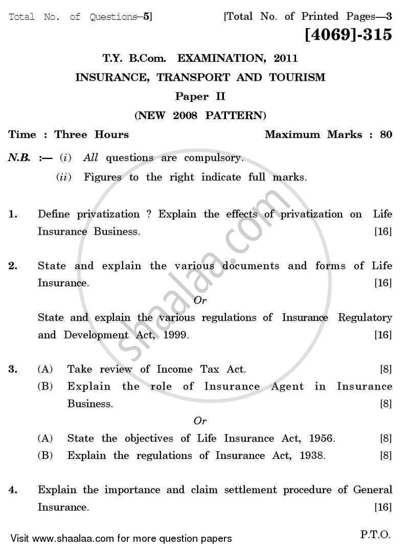 Insurance, Transport and Tourism 2 2011-2012 - B.Com. - 3rd Year (TYBcom) - University of Pune question paper with PDF download