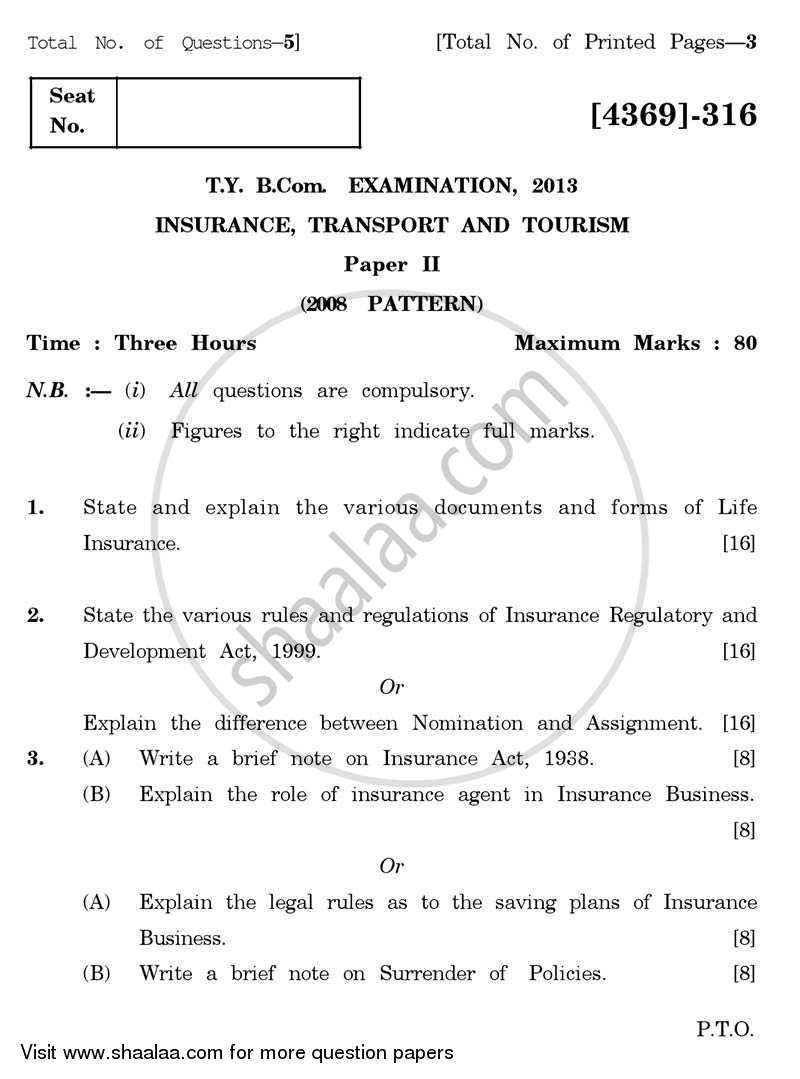 Insurance, Transport and Tourism 2 2012-2013 - B.Com. - 3rd Year (TYBcom) - University of Pune question paper with PDF download