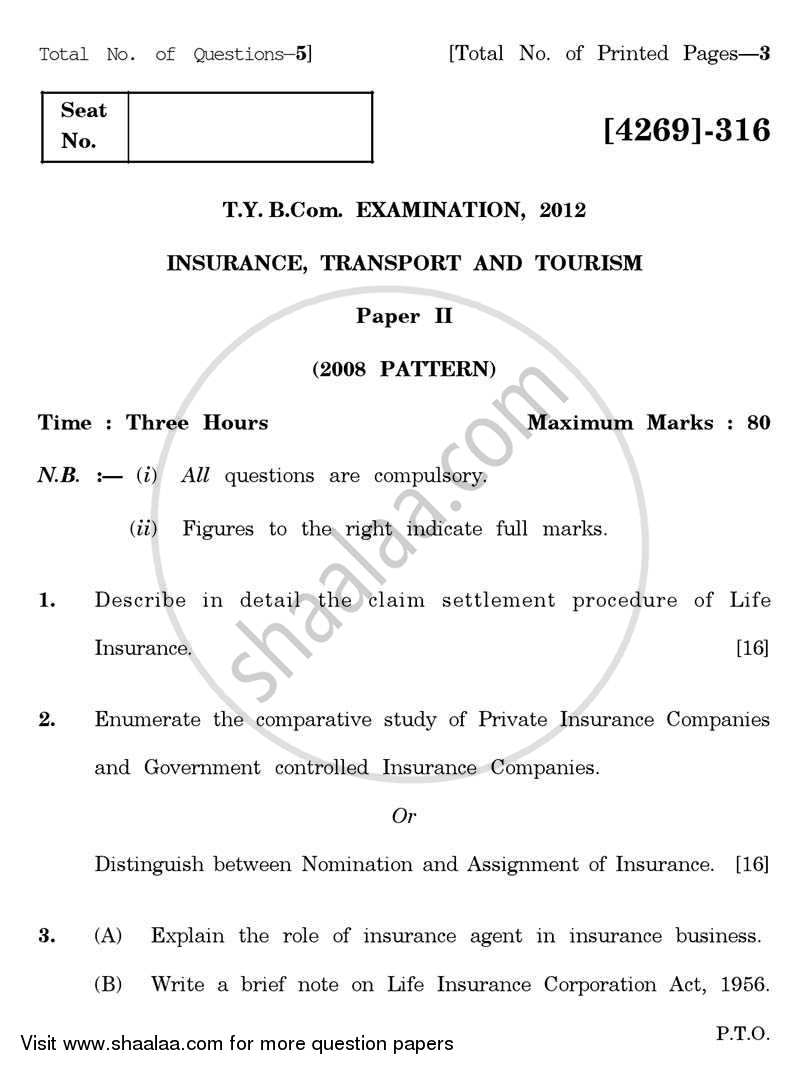 Insurance, Transport and Tourism 2 2012-2013 - B.Com. - 3rd Year (TYBcom) - University of Pune question paper with PDF download