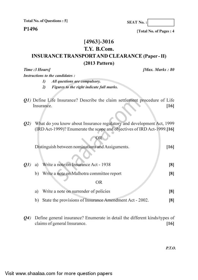 Insurance, Transport and Tourism 2 2015-2016 - B.Com. - 3rd Year (TYBcom) - University of Pune question paper with PDF download
