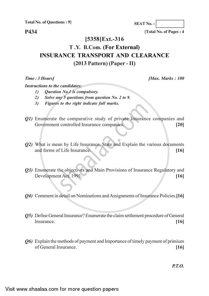 Insurance, Transport and Tourism 2 2017-2018 - B.Com. - 3rd Year (TYBcom) - University of Pune question paper with PDF download