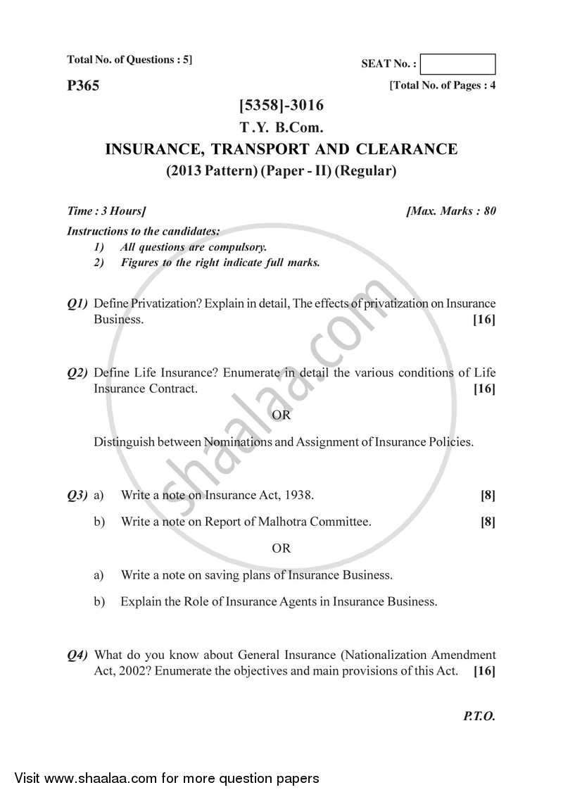 Insurance, Transport and Tourism 2 2017-2018 - B.Com. - 3rd Year (TYBcom) - University of Pune question paper with PDF download