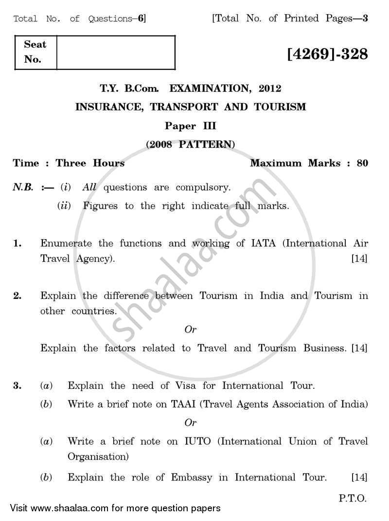 Insurance, Transport and Tourism 3 2012-2013 - B.Com. - 3rd Year (TYBcom) - University of Pune question paper with PDF download