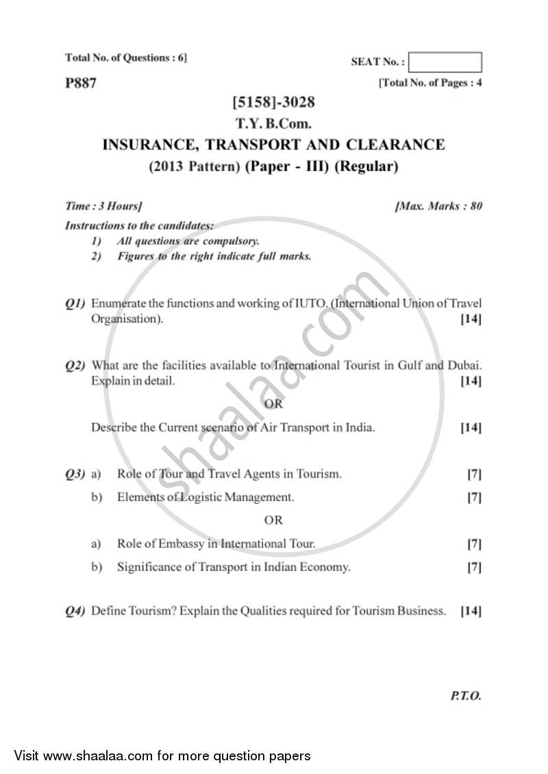 Insurance, Transport and Tourism 3 2016-2017 - B.Com. - 3rd Year (TYBcom) - University of Pune question paper with PDF download