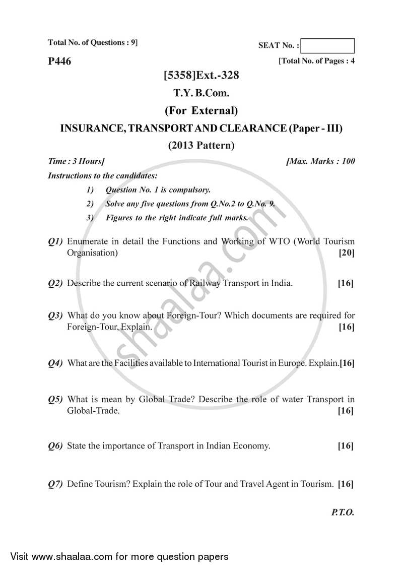 Insurance, Transport and Tourism 3 2017-2018 - B.Com. - 3rd Year (TYBcom) - University of Pune question paper with PDF download