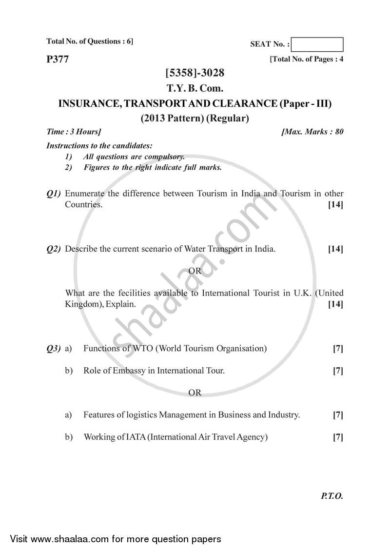 Insurance, Transport and Tourism 3 2017-2018 - B.Com. - 3rd Year (TYBcom) - University of Pune question paper with PDF download