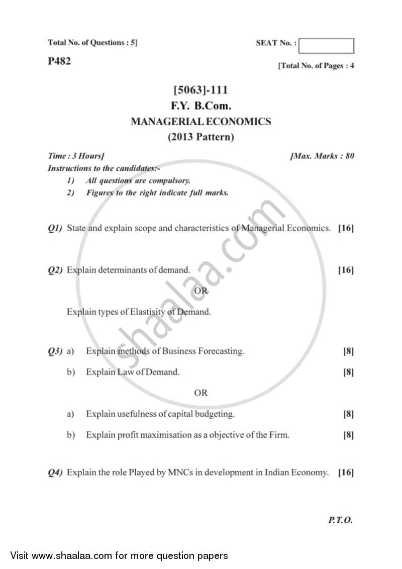 Managerial Economics 2016-2017 - B.Com. - 1st Year (FYBcom) - University of Pune question paper with PDF download