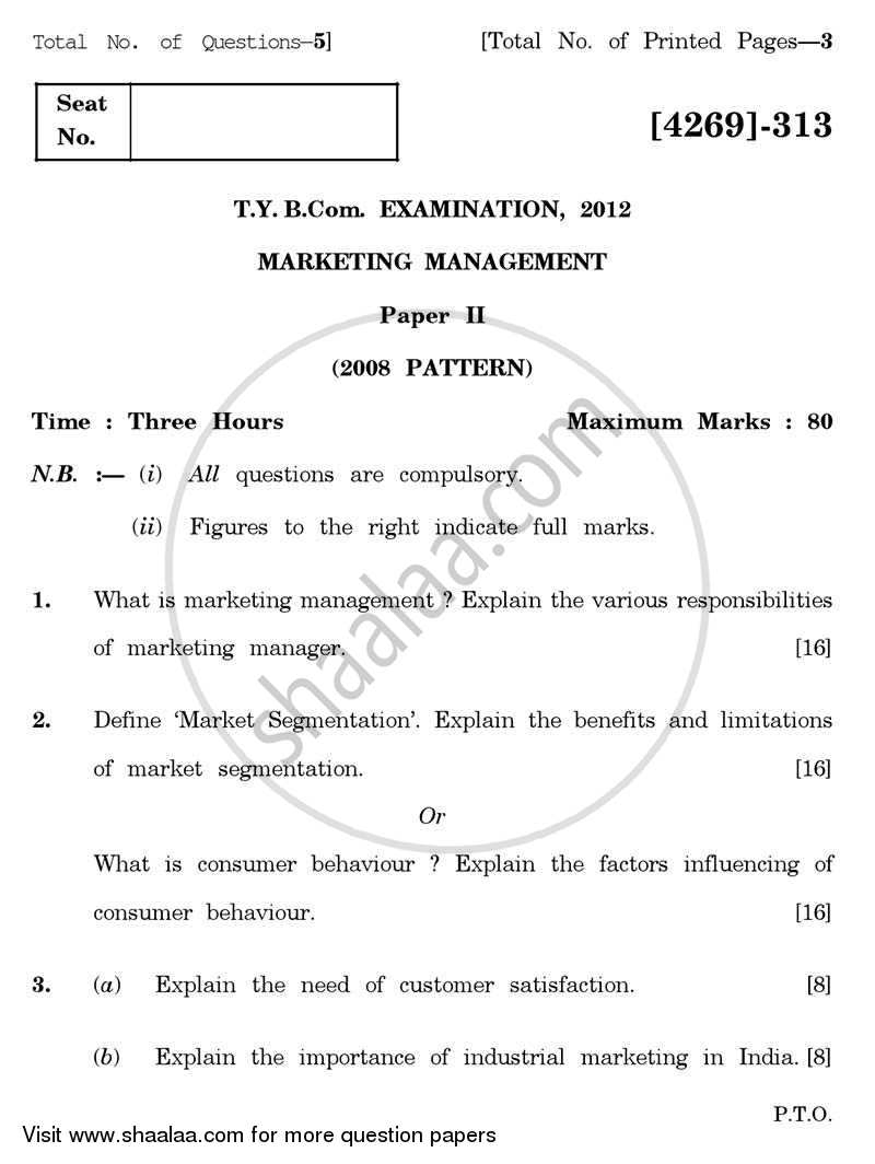 Marketing Management 2 2012-2013 - B.Com. - 3rd Year (TYBcom) - University of Pune question paper with PDF download
