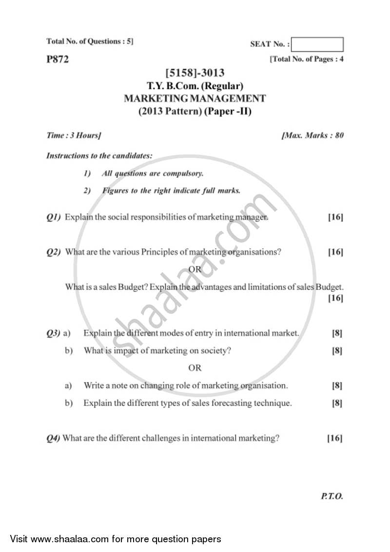 Marketing Management 2 2016-2017 - B.Com. - 3rd Year (TYBcom) - University of Pune question paper with PDF download