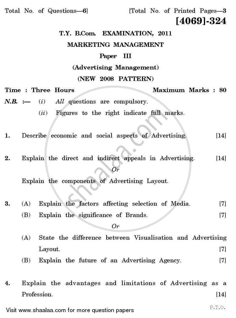Marketing Management 3 2011-2012 - B.Com. - 3rd Year (TYBcom) - University of Pune question paper with PDF download