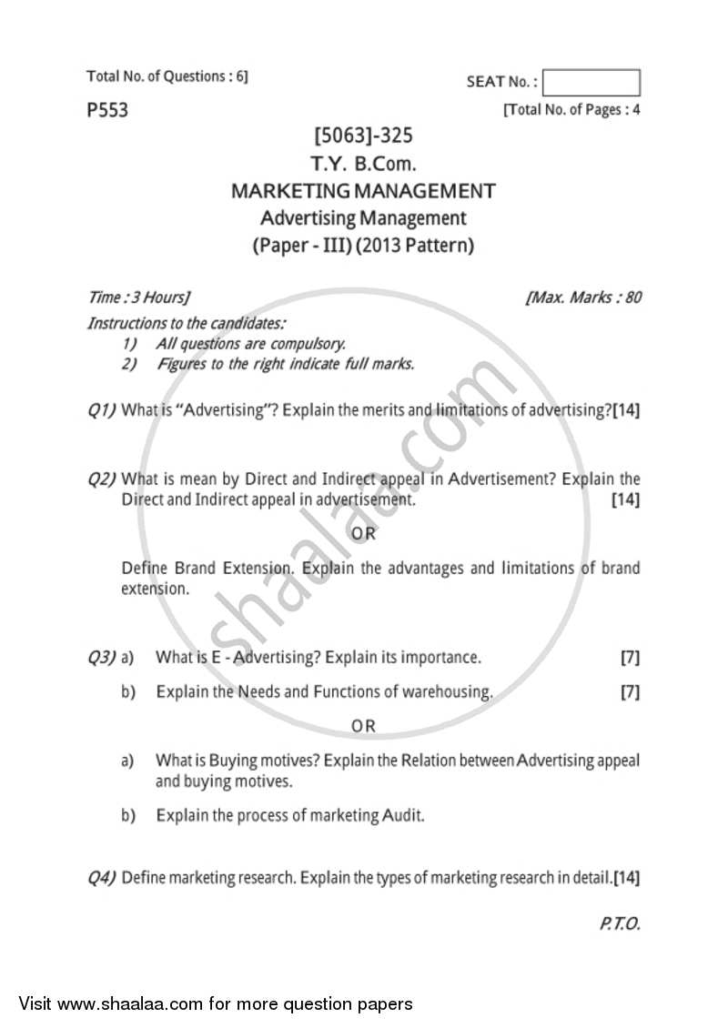 Marketing Management 3 2016-2017 - B.Com. - 3rd Year (TYBcom) - University of Pune question paper with PDF download