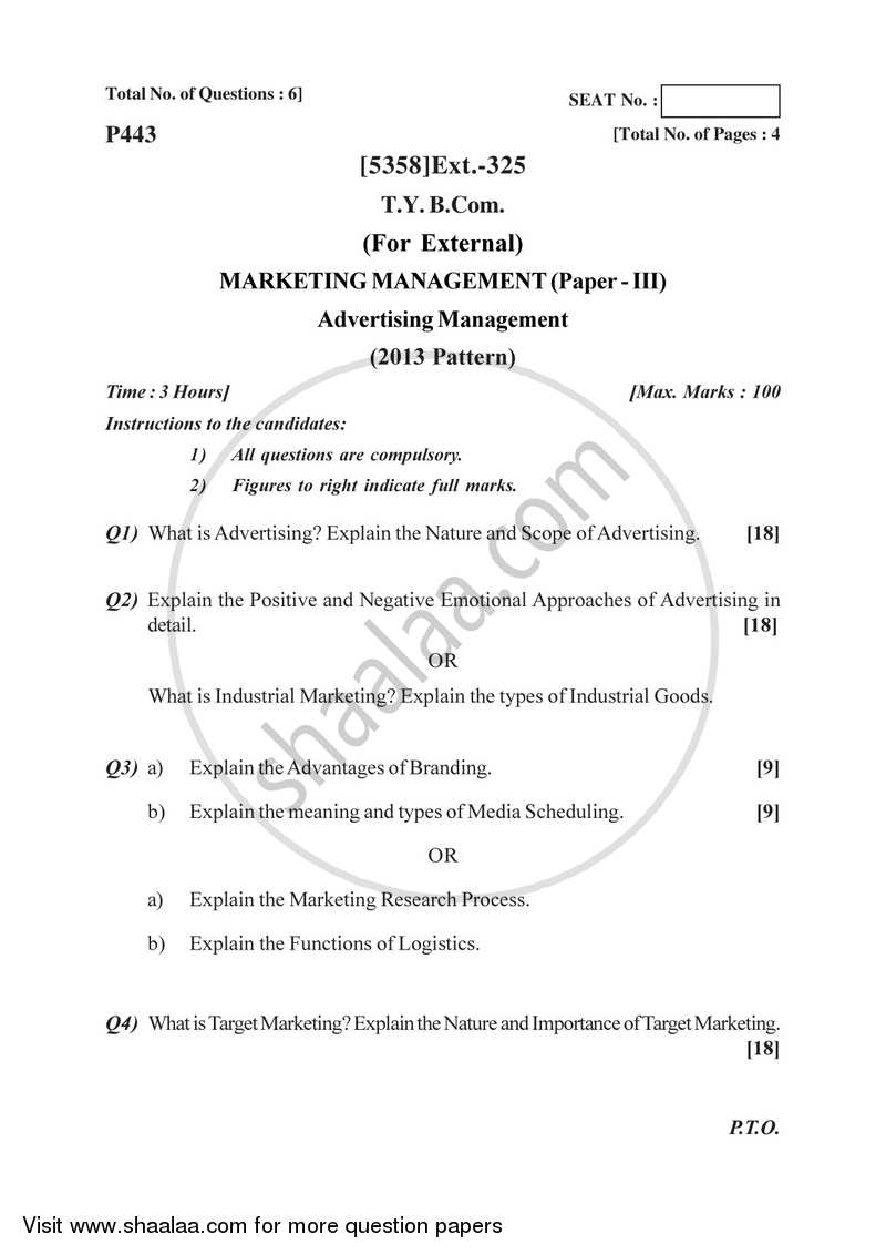 Marketing Management 3 2017-2018 - B.Com. - 3rd Year (TYBcom) - University of Pune question paper with PDF download