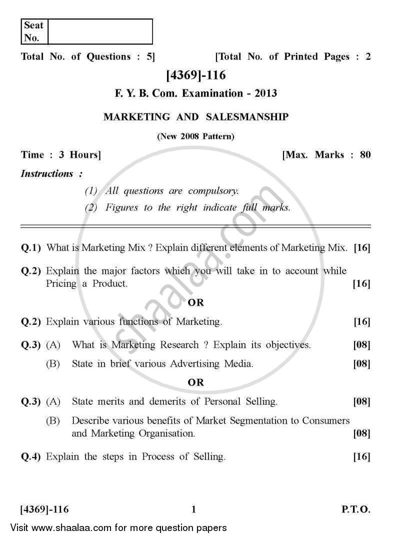 Marketing and Salesmanship 2012-2013 - B.Com. - 1st Year (FYBcom) - University of Pune question paper with PDF download