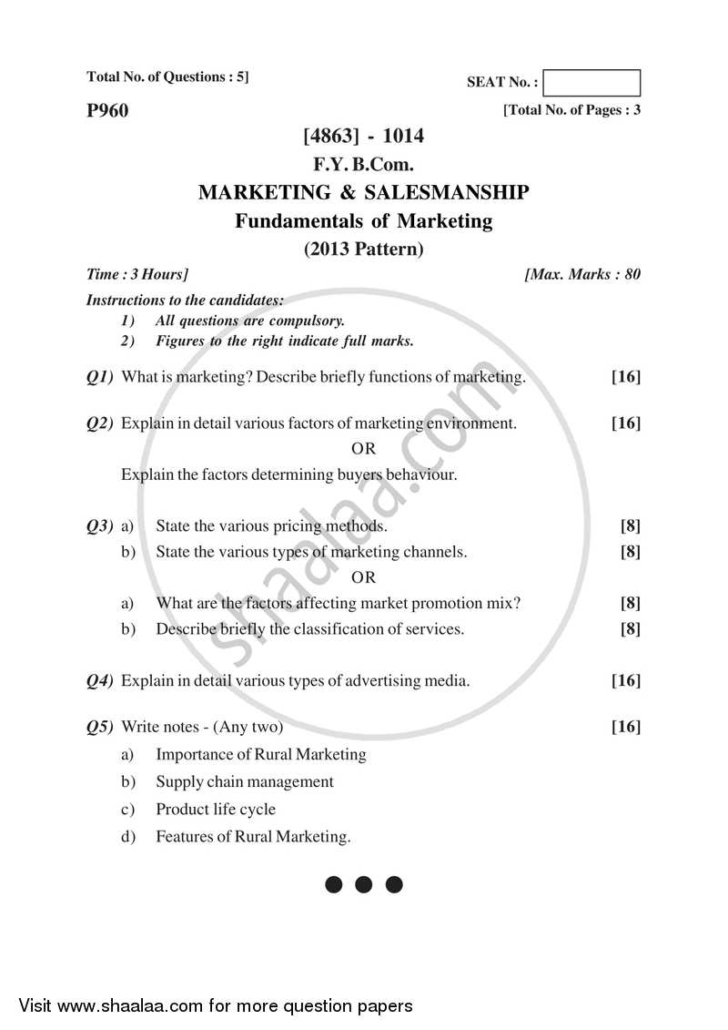 Marketing and Salesmanship 2015-2016 - B.Com. - 1st Year (FYBcom) - University of Pune question paper with PDF download