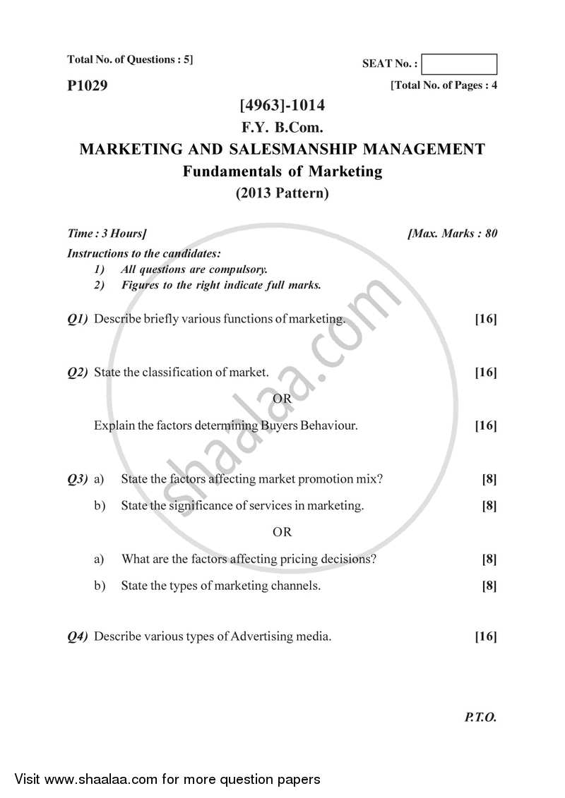 Marketing and Salesmanship 2015-2016 - B.Com. - 1st Year (FYBcom) - University of Pune question paper with PDF download