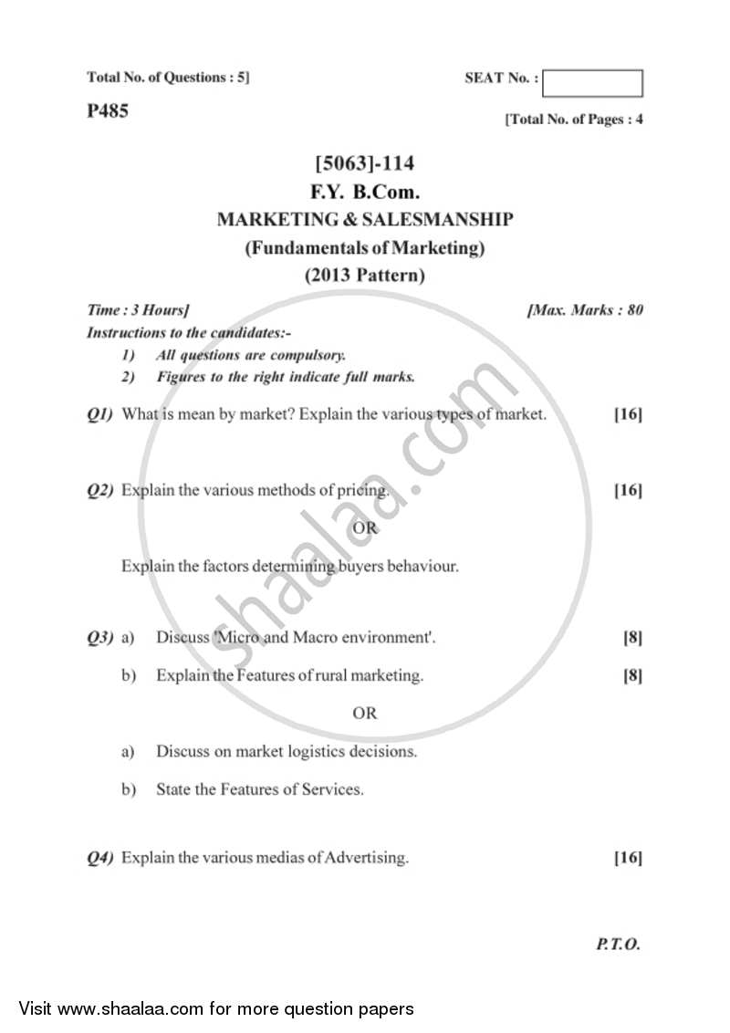 Marketing and Salesmanship 2016-2017 - B.Com. - 1st Year (FYBcom) - University of Pune question paper with PDF download