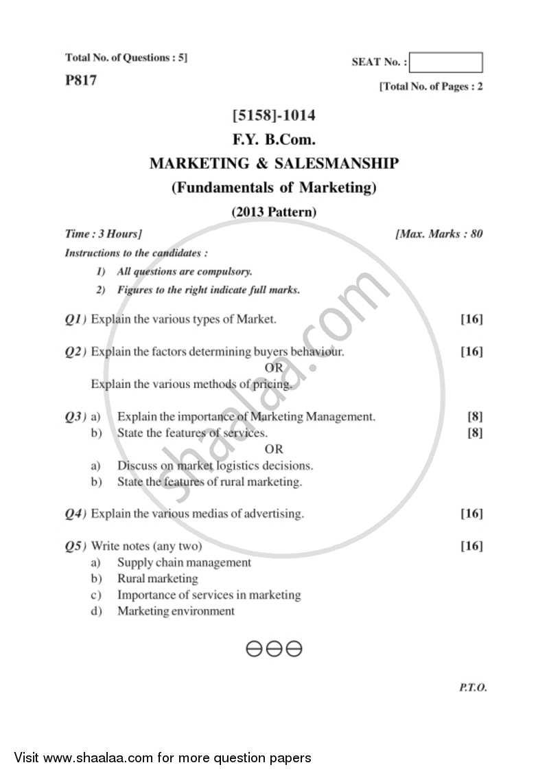 Marketing and Salesmanship 2016-2017 - B.Com. - 1st Year (FYBcom) - University of Pune question paper with PDF download
