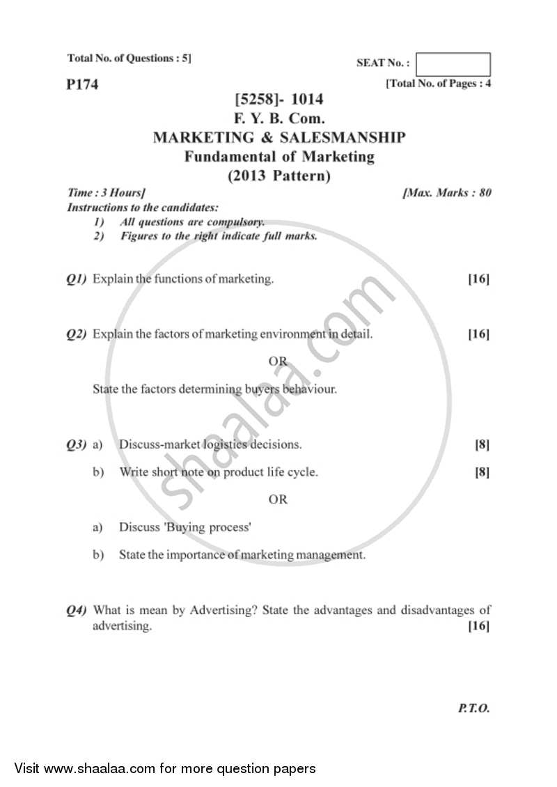 Marketing and Salesmanship 2017-2018 - B.Com. - 1st Year (FYBcom) - University of Pune question paper with PDF download
