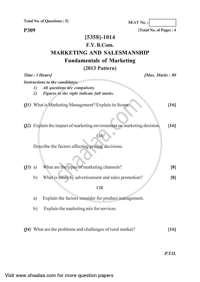 Marketing and Salesmanship 2017-2018 - B.Com. - 1st Year (FYBcom) - University of Pune question paper with PDF download