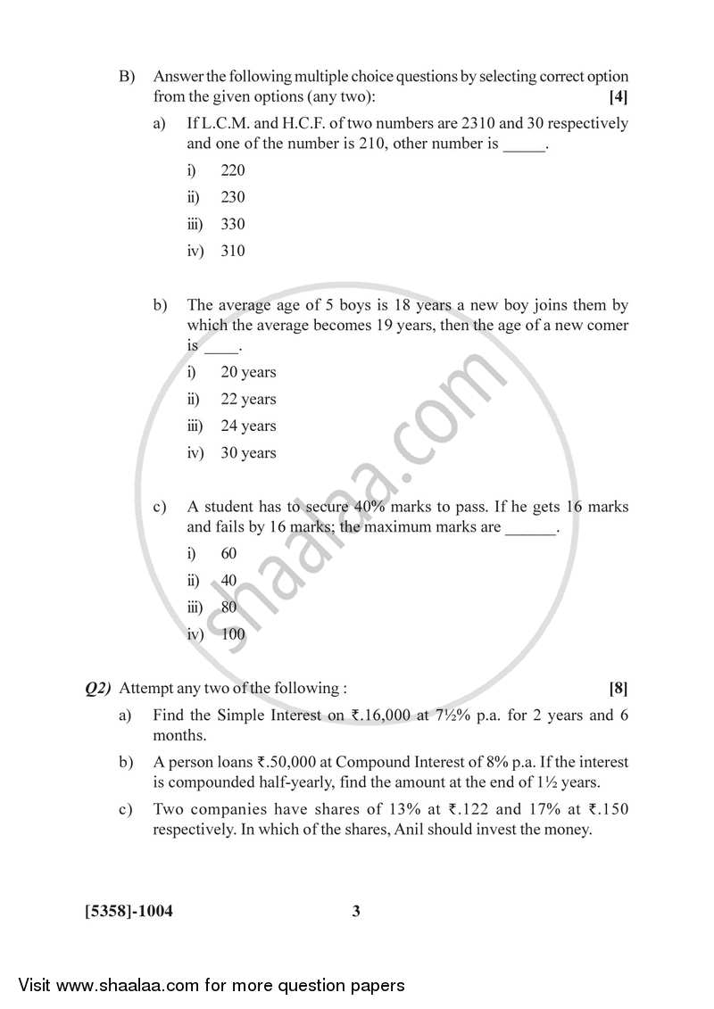 Mathematics and Statistics 2017-2018 - B.Com. - 1st Year (FYBcom) - University of Pune question paper with PDF download