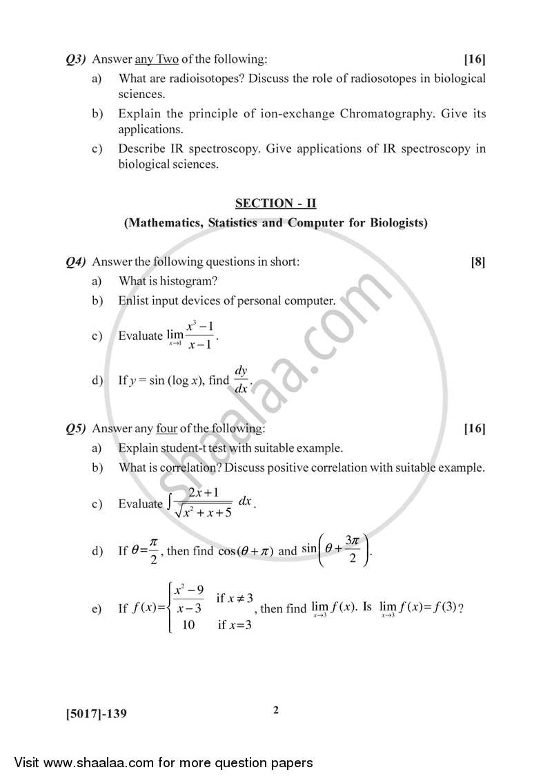 Biophysics and Instrumentation, Mathematics, Statistics and Computer Biologists 2016-2017 Semester 2 (FYBSc) - University of Pune question paper with PDF download