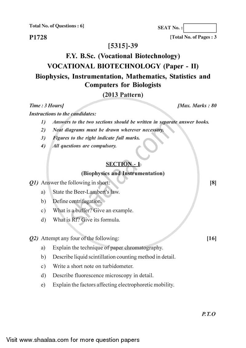 Biophysics and Instrumentation, Mathematics, Statistics and Computer Biologists 2017-2018 Semester 2 (FYBSc) - University of Pune question paper with PDF download