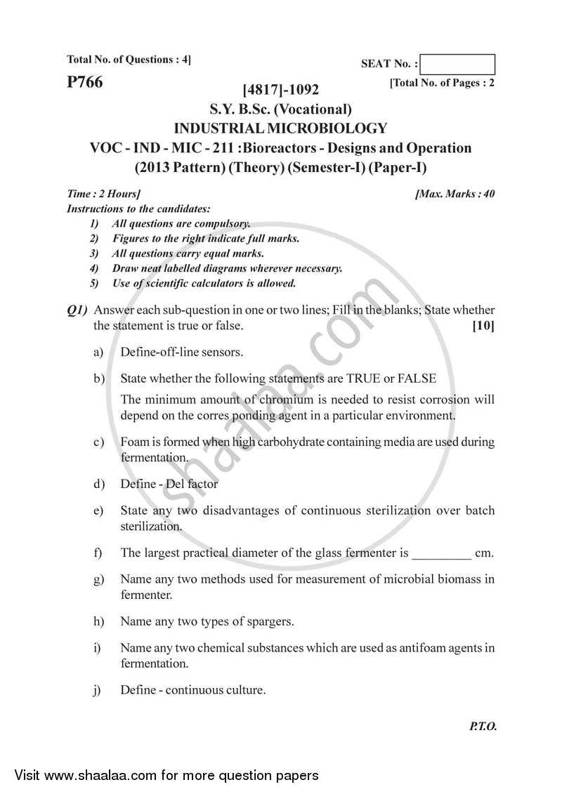 Bioreactors - Design and Operation 2015-2016 Semester 3 (FYBSc) - University of Pune question paper with PDF download