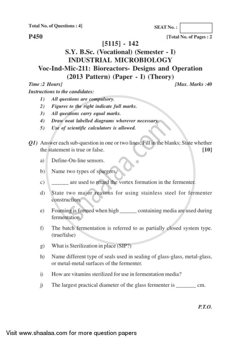 Bioreactors - Design and Operation 2016-2017 Semester 3 (FYBSc) - University of Pune question paper with PDF download