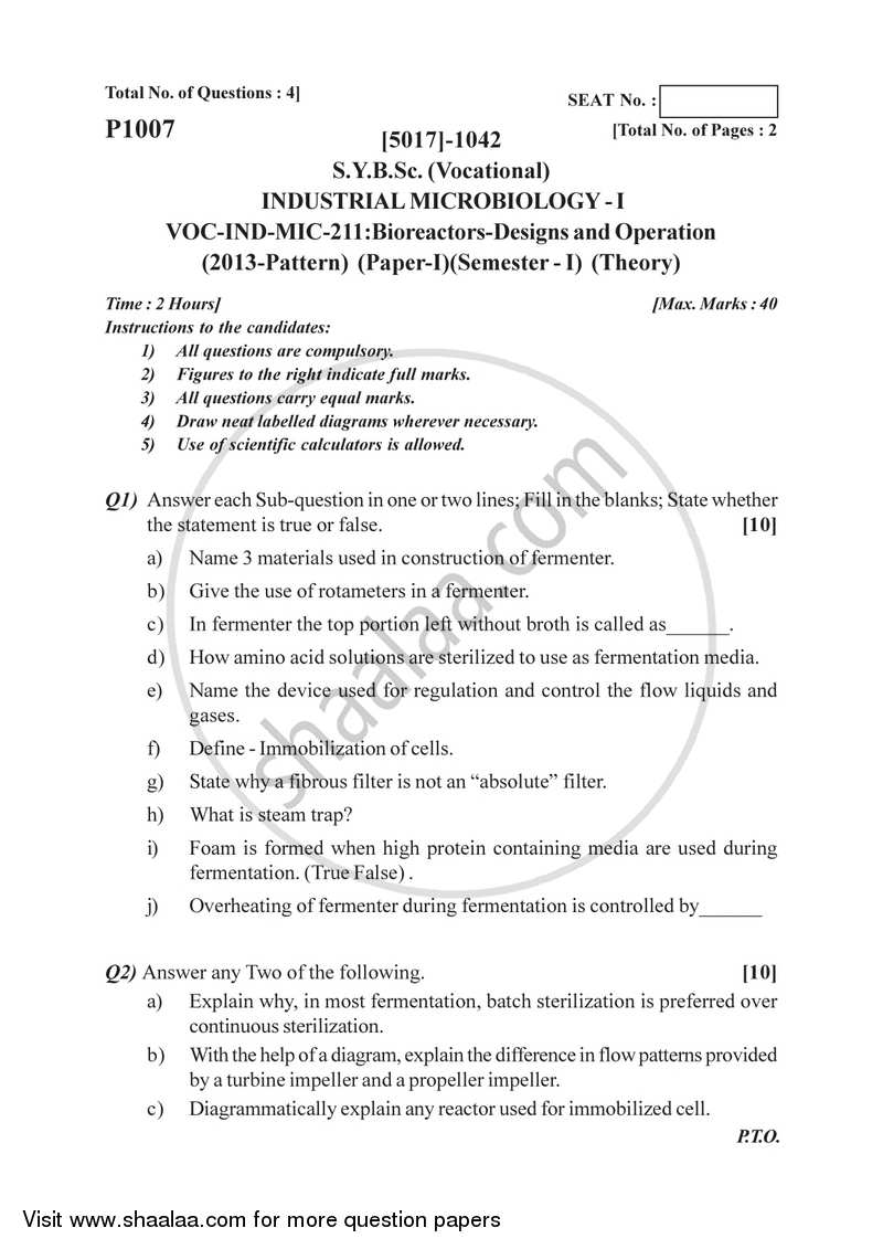 Bioreactors - Design and Operation 2016-2017 Semester 3 (FYBSc) - University of Pune question paper with PDF download