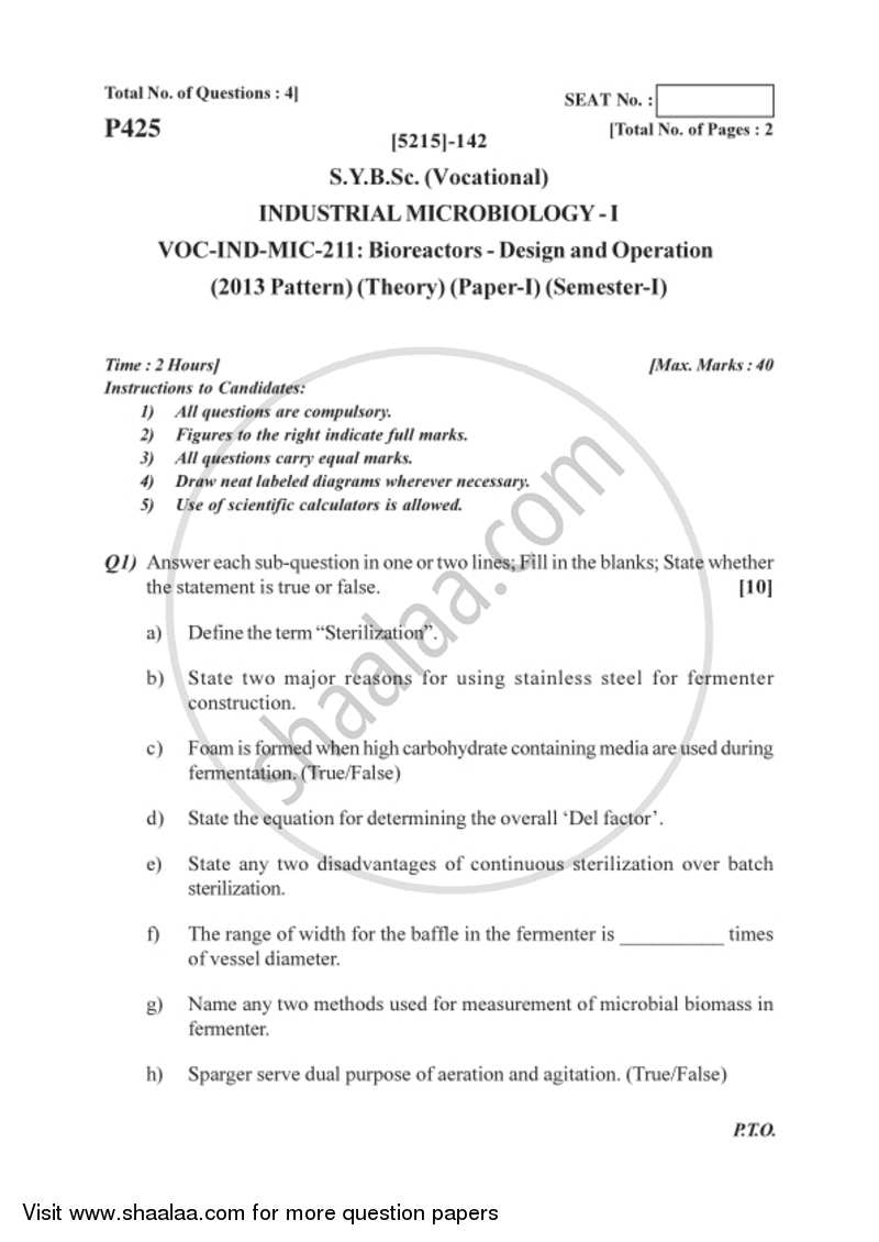 Bioreactors - Design and Operation 2017-2018 Semester 3 (FYBSc) - University of Pune question paper with PDF download